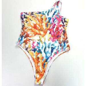 One Piece Swimsuit Womens Size XLarge One Shoulder Multicolor Coral Summer Beach